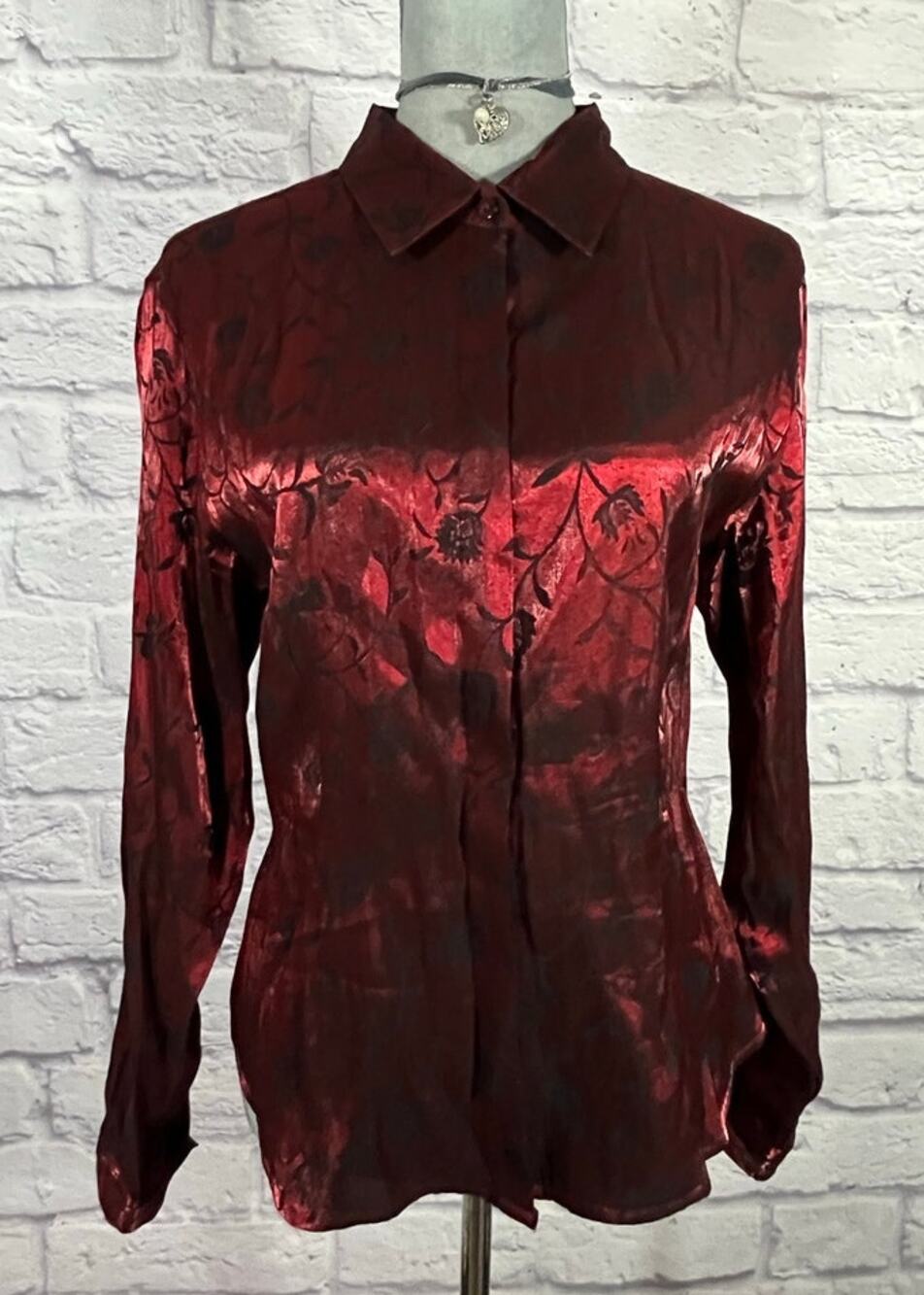 Vintage 90's Kathie Lee Red and Black Floral Burnout Button Down Blouse